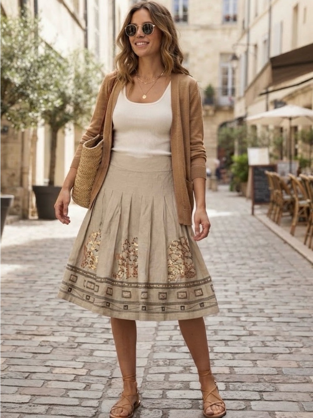 Tribal Linen-Blend Pleated Skirt with Sequin & Geometric Hem – Size 8
